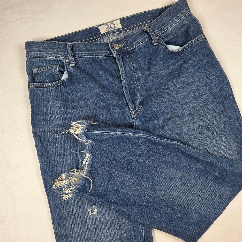Free People We The Free Blue Straight Leg Jeans Raw Hem Distressed Size 30